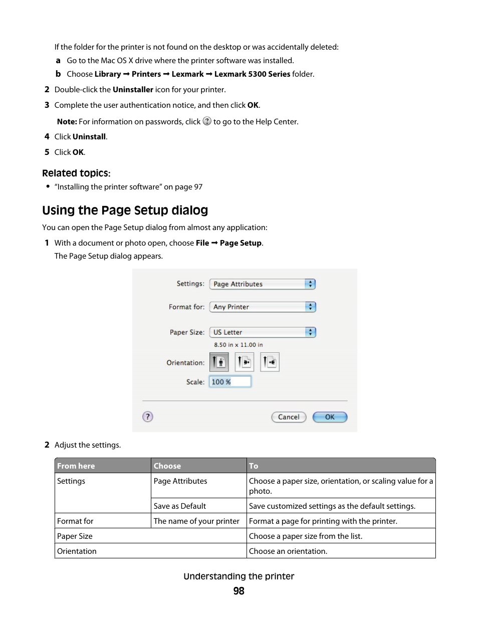 Using the page setup dialog | Lexmark 5300 User Manual | Page 98 / 179