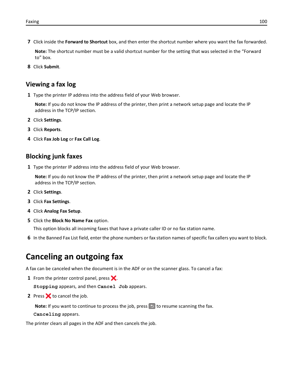 Viewing a fax log, Blocking junk faxes, Canceling an outgoing fax | Lexmark 436 User Manual | Page 100 / 235
