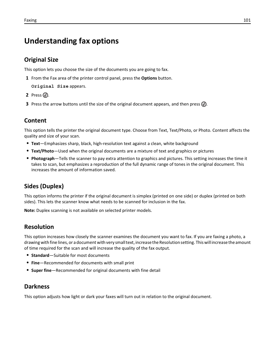 Understanding fax options, Original size, Content | Sides (duplex), Resolution, Darkness | Lexmark 436 User Manual | Page 101 / 235