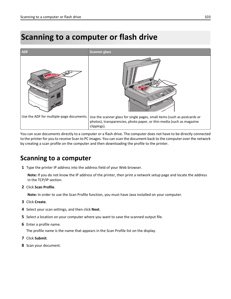 Scanning to a computer or flash drive, Scanning to a computer | Lexmark 436 User Manual | Page 103 / 235