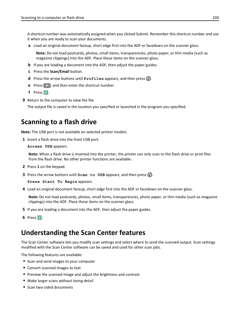 Scanning to a flash drive, Understanding the scan center features | Lexmark 436 User Manual | Page 104 / 235