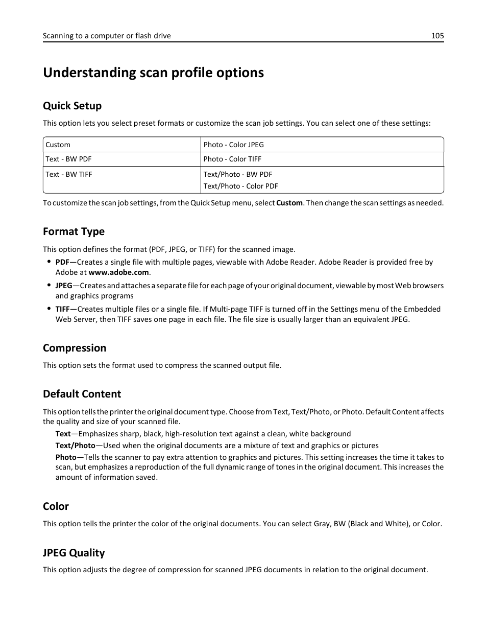 Understanding scan profile options, Quick setup, Format type | Compression, Default content, Color, Jpeg quality | Lexmark 436 User Manual | Page 105 / 235