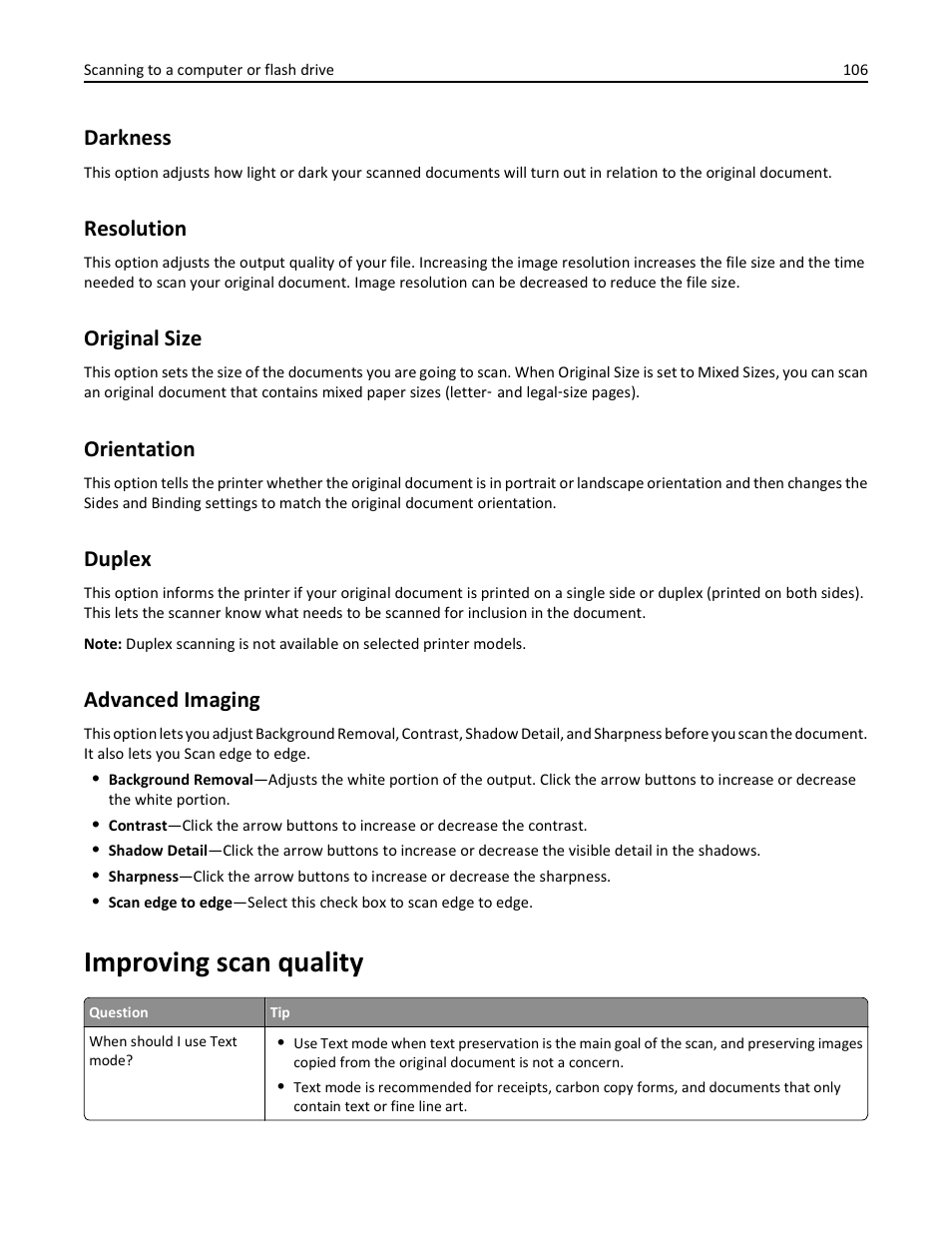 Darkness, Resolution, Original size | Orientation, Duplex, Advanced imaging, Improving scan quality | Lexmark 436 User Manual | Page 106 / 235