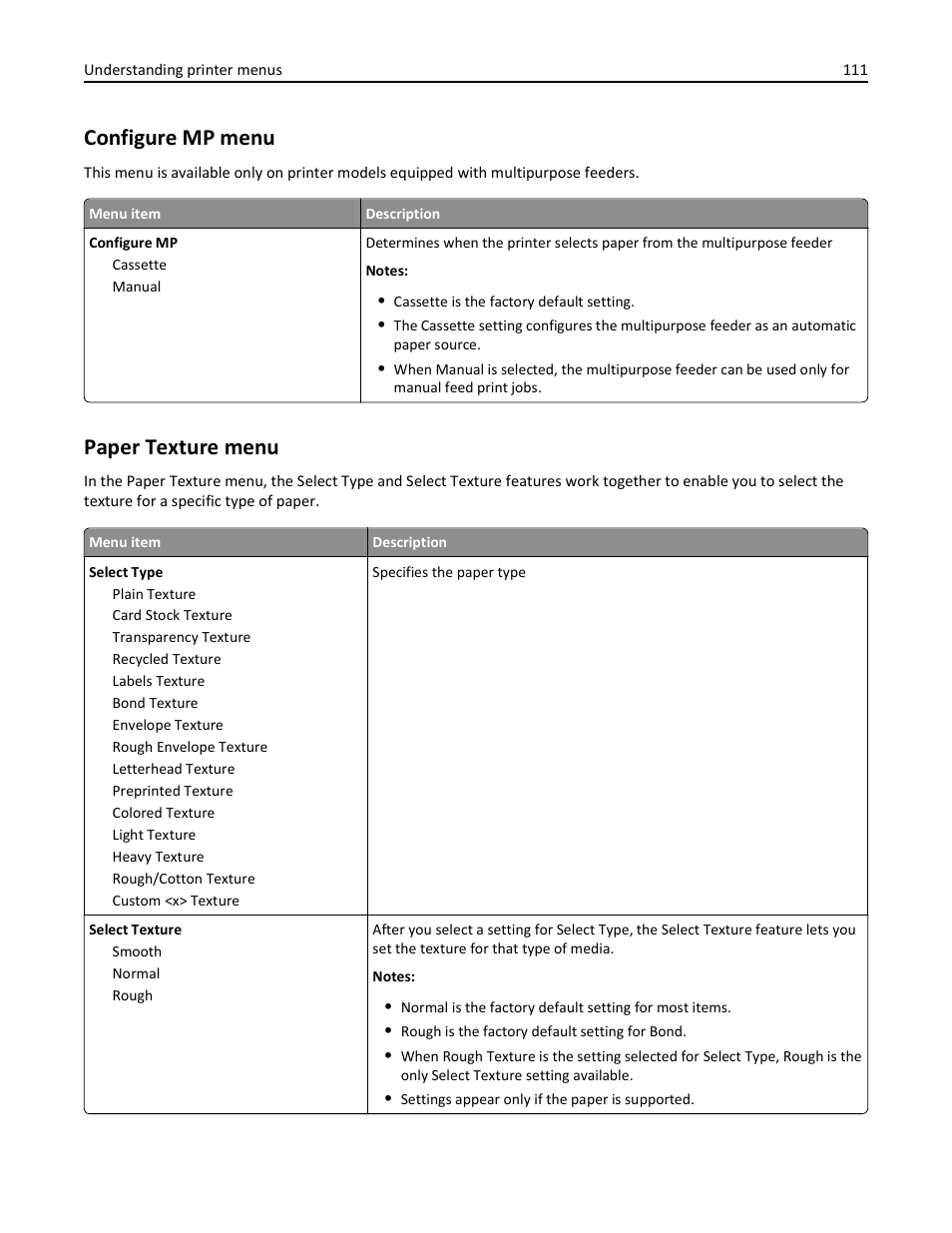 Configure mp menu, Paper texture menu | Lexmark 436 User Manual | Page 111 / 235