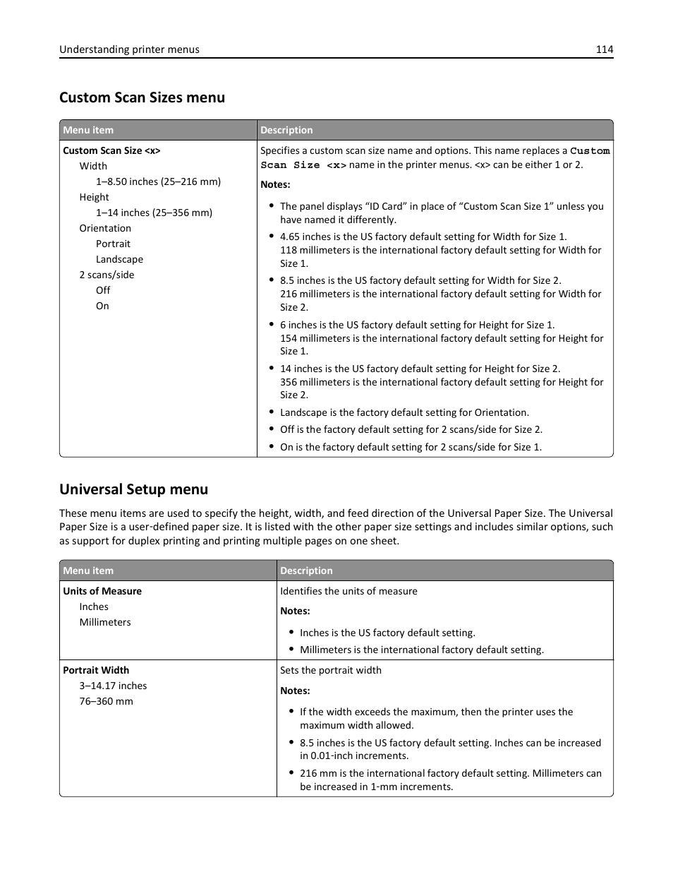 Custom scan sizes menu, Universal setup menu | Lexmark 436 User Manual | Page 114 / 235