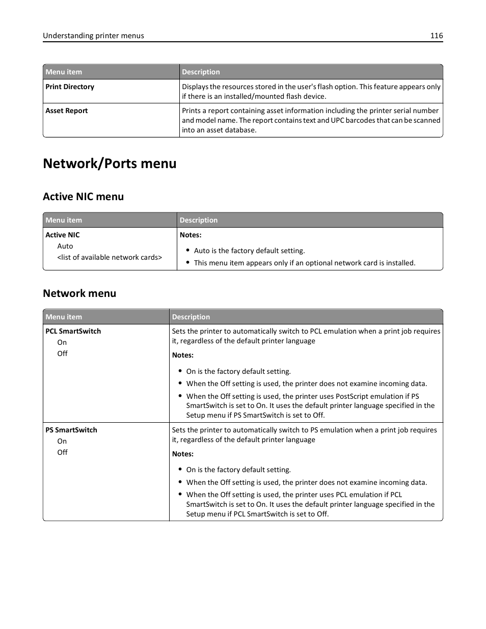 Network/ports menu, Active nic menu, Network menu | Lexmark 436 User Manual | Page 116 / 235