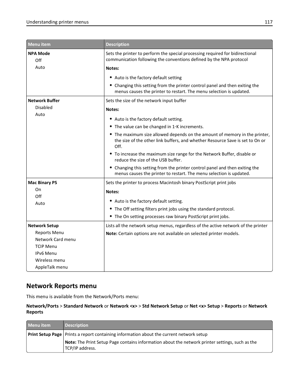 Network reports menu | Lexmark 436 User Manual | Page 117 / 235