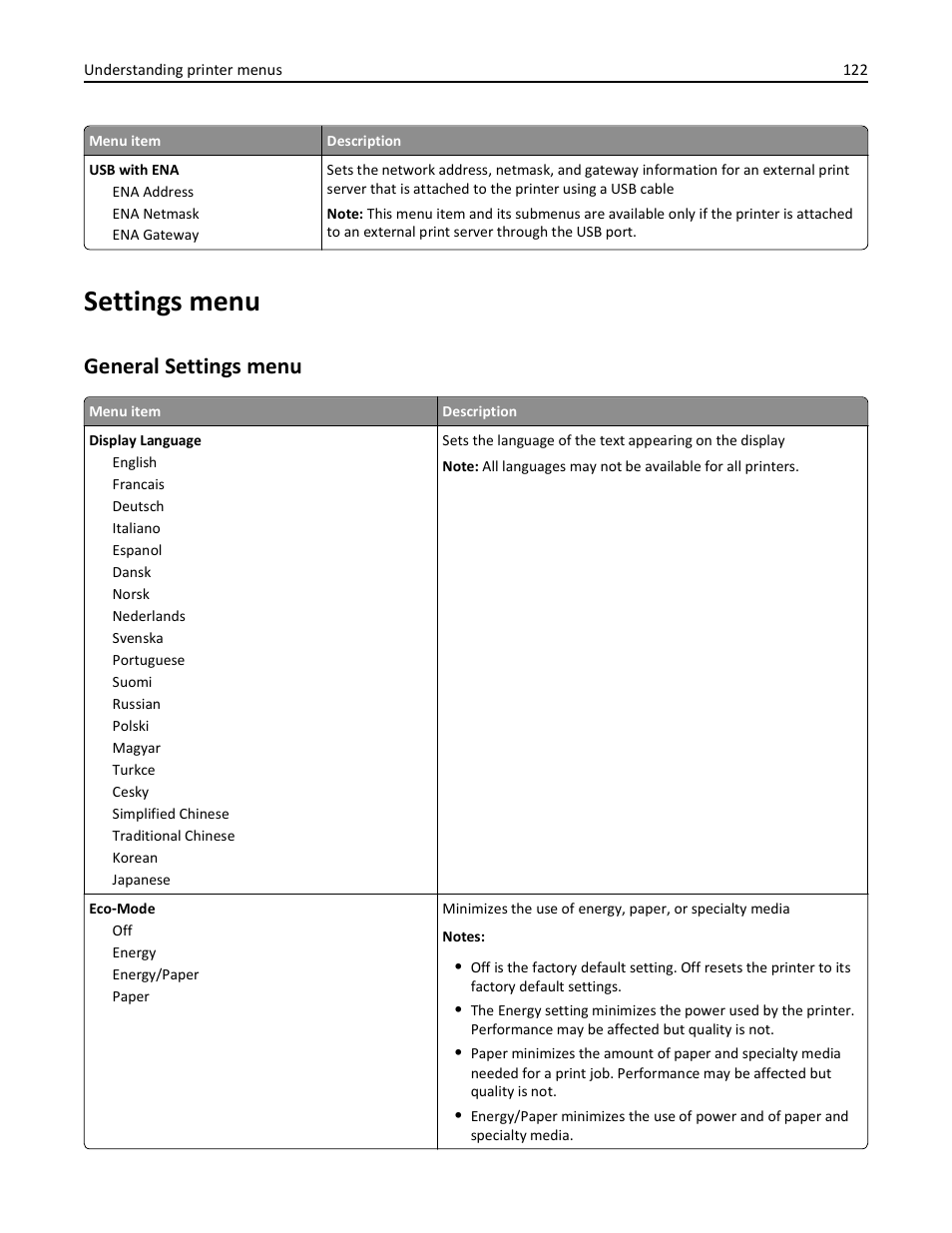 Settings menu, General settings menu | Lexmark 436 User Manual | Page 122 / 235