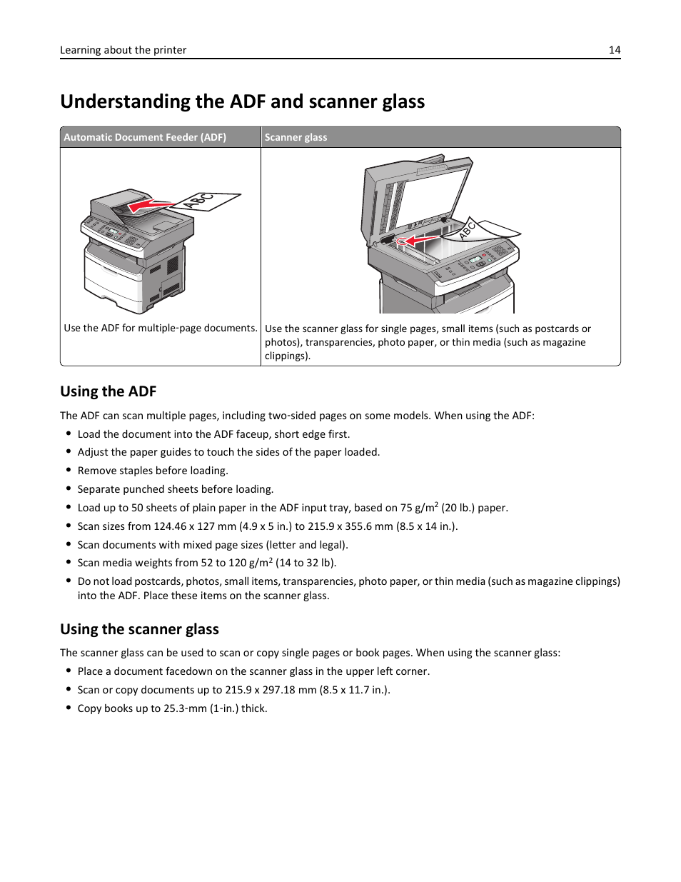 Understanding the adf and scanner glass, Using the adf, Using the scanner glass | Lexmark 436 User Manual | Page 14 / 235