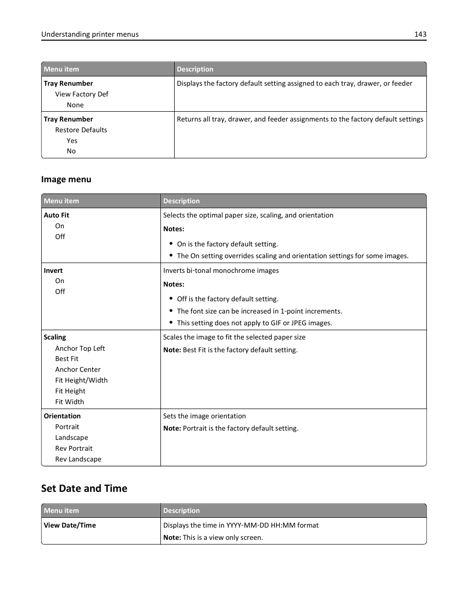 Image menu, Set date and time | Lexmark 436 User Manual | Page 143 / 235
