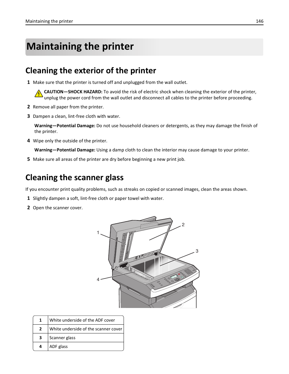 Maintaining the printer, Cleaning the exterior of the printer, Cleaning the scanner glass | Lexmark 436 User Manual | Page 146 / 235