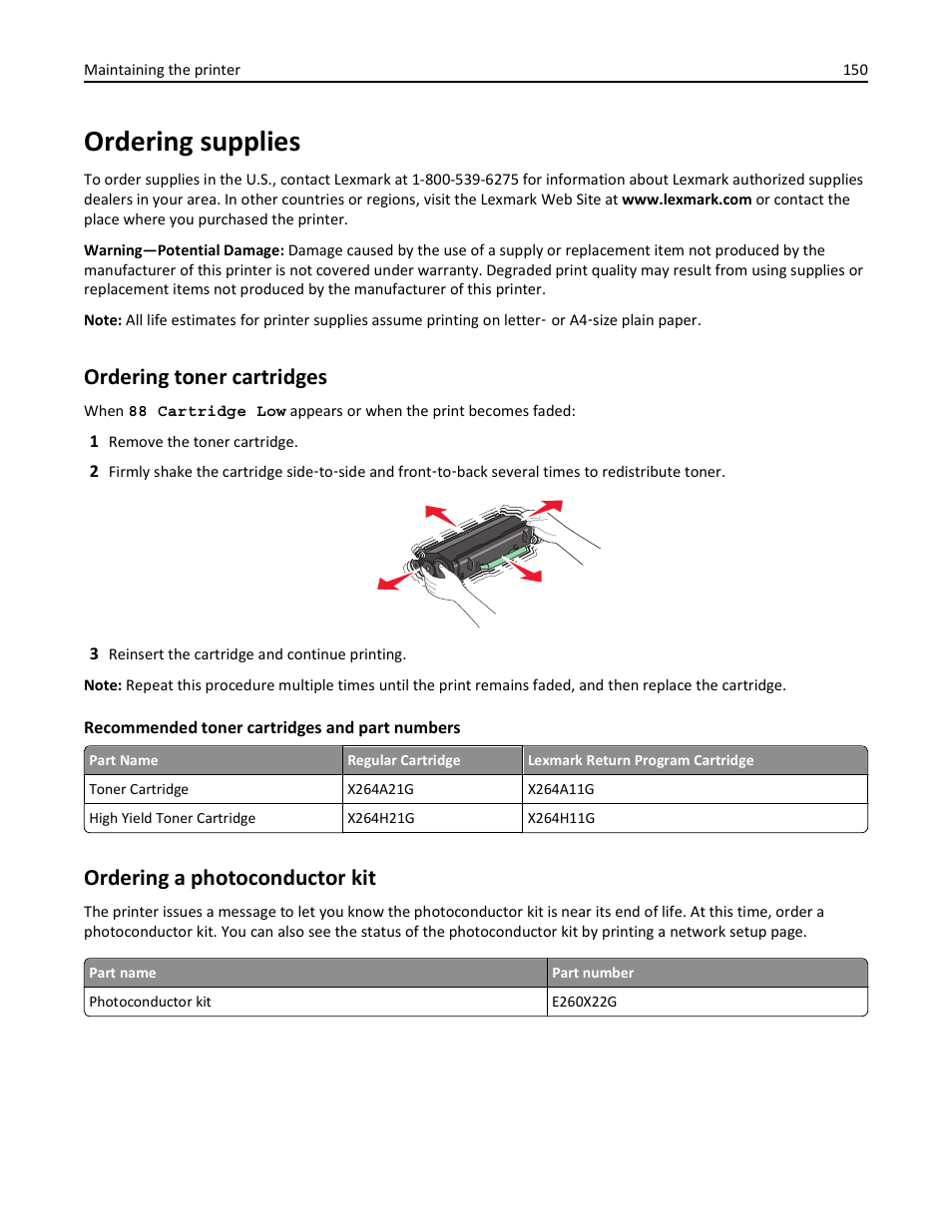 Ordering supplies, Ordering toner cartridges, Ordering a photoconductor kit | Lexmark 436 User Manual | Page 150 / 235