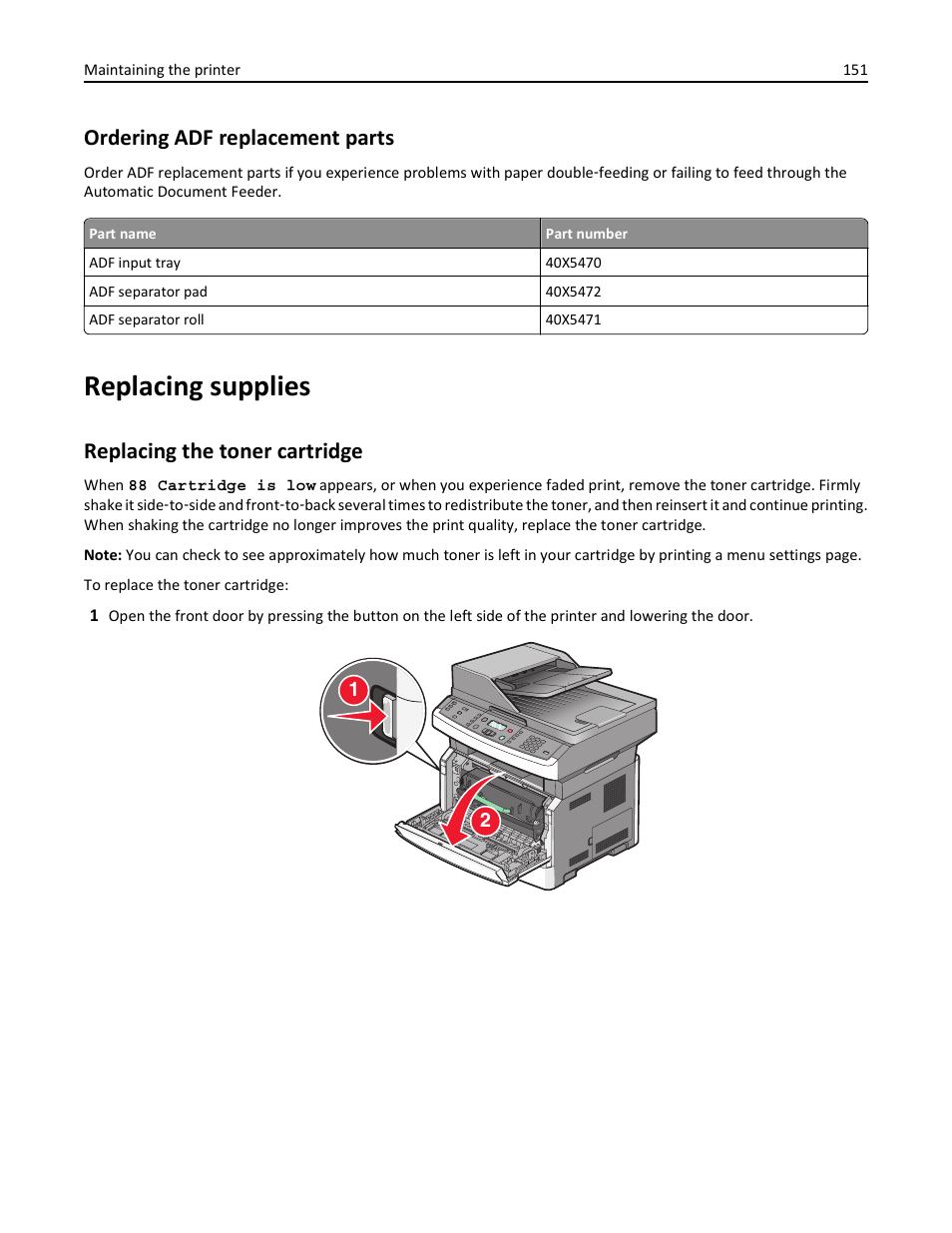 Ordering adf replacement parts, Replacing supplies, Replacing the toner cartridge | Lexmark 436 User Manual | Page 151 / 235