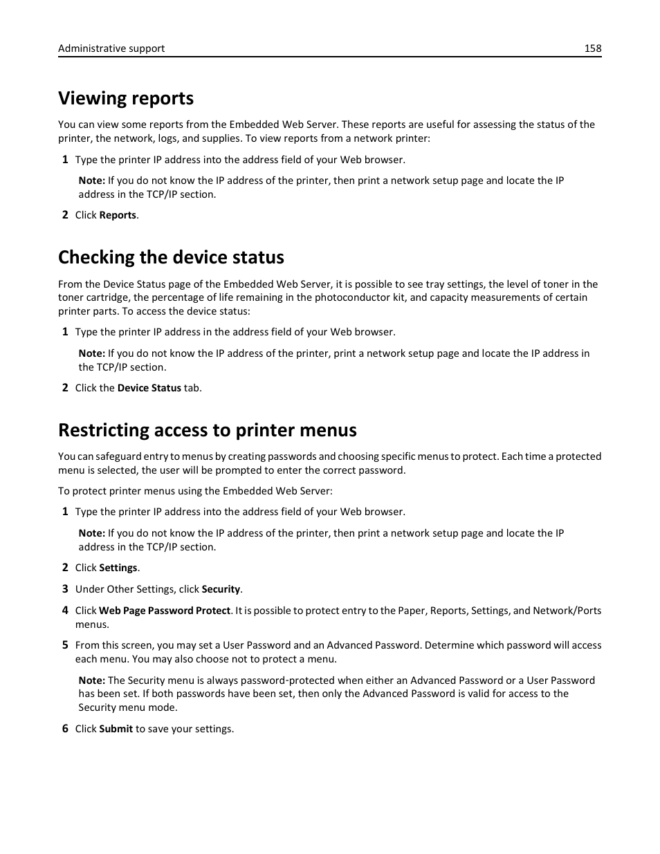 Viewing reports, Checking the device status, Restricting access to printer menus | Lexmark 436 User Manual | Page 158 / 235