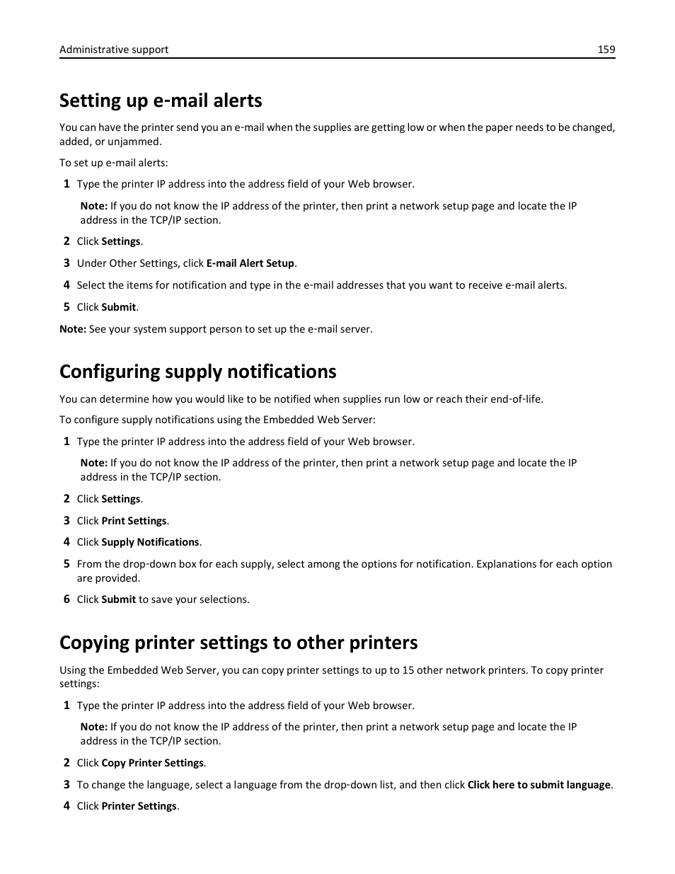 Setting up e-mail alerts, Configuring supply notifications, Copying printer settings to other printers | Setting up e, Mail alerts, Setting up e ‑ mail alerts | Lexmark 436 User Manual | Page 159 / 235