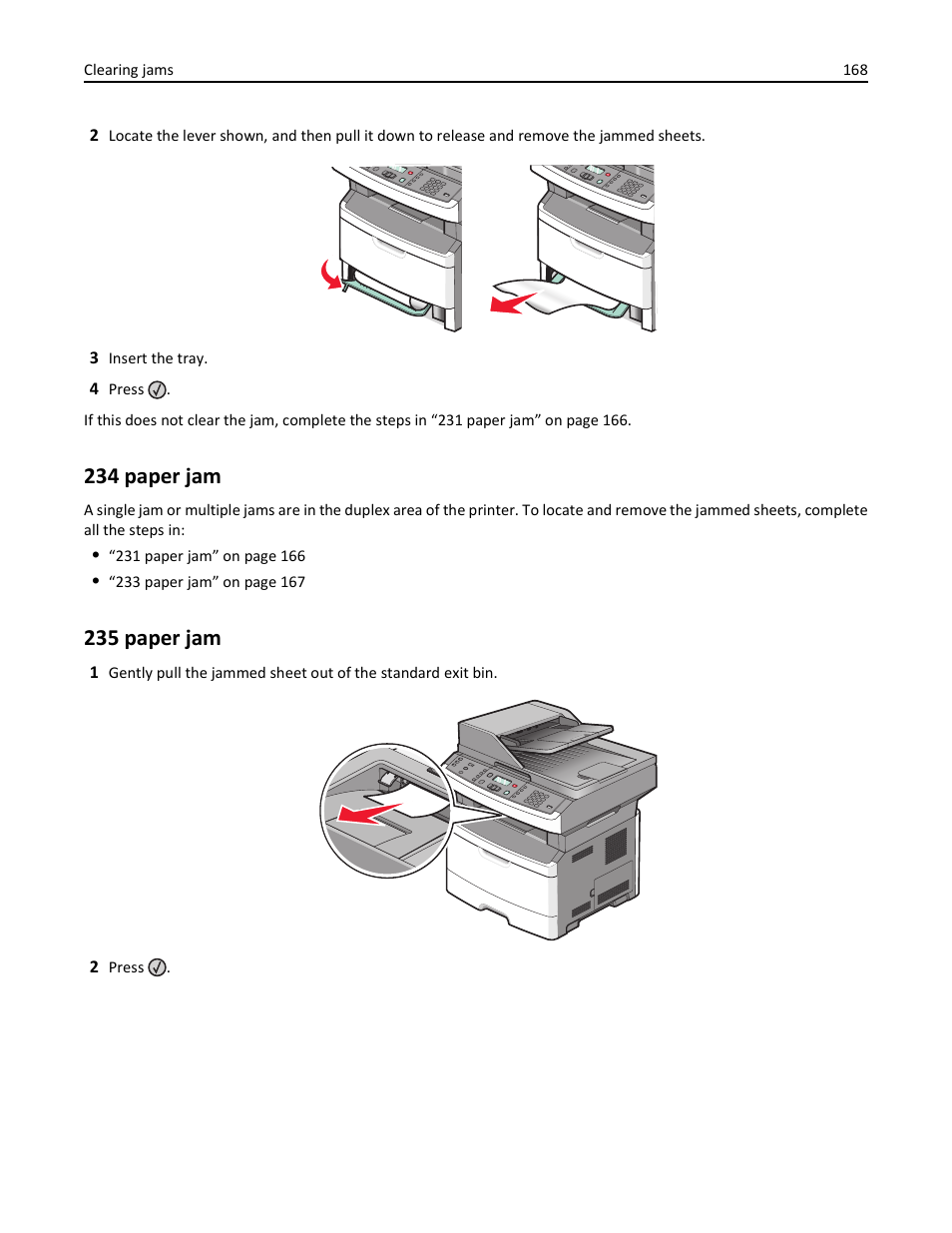 234 paper jam, 235 paper jam | Lexmark 436 User Manual | Page 168 / 235