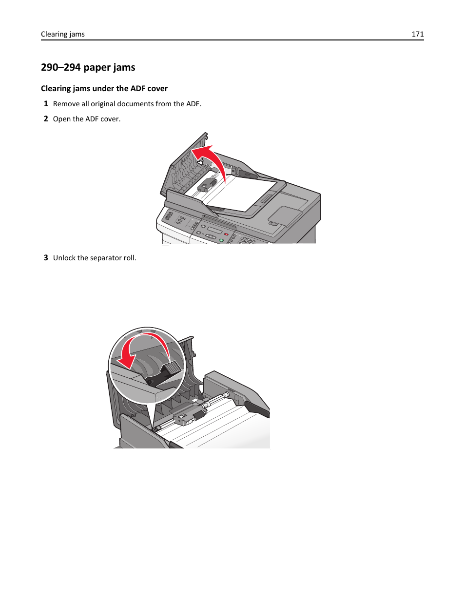 290–294 paper jams | Lexmark 436 User Manual | Page 171 / 235