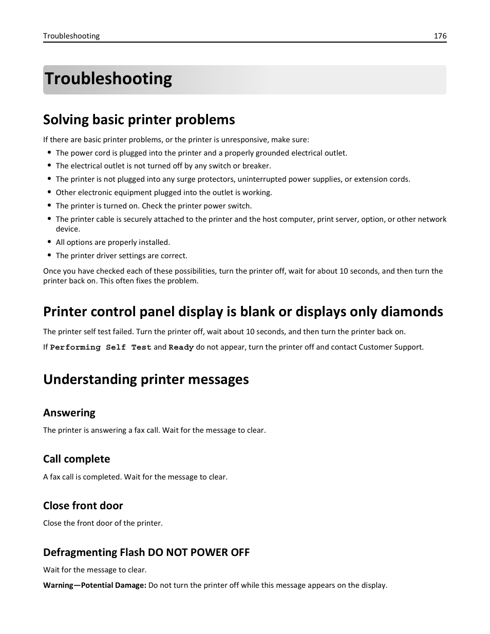 Troubleshooting, Solving basic printer problems, Understanding printer messages | Answering, Call complete, Close front door, Defragmenting flash do not power off | Lexmark 436 User Manual | Page 176 / 235