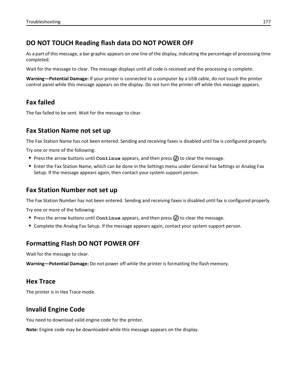 Do not touch reading flash data do not power off, Fax failed, Fax station name not set up | Fax station number not set up, Formatting flash do not power off, Hex trace, Invalid engine code | Lexmark 436 User Manual | Page 177 / 235