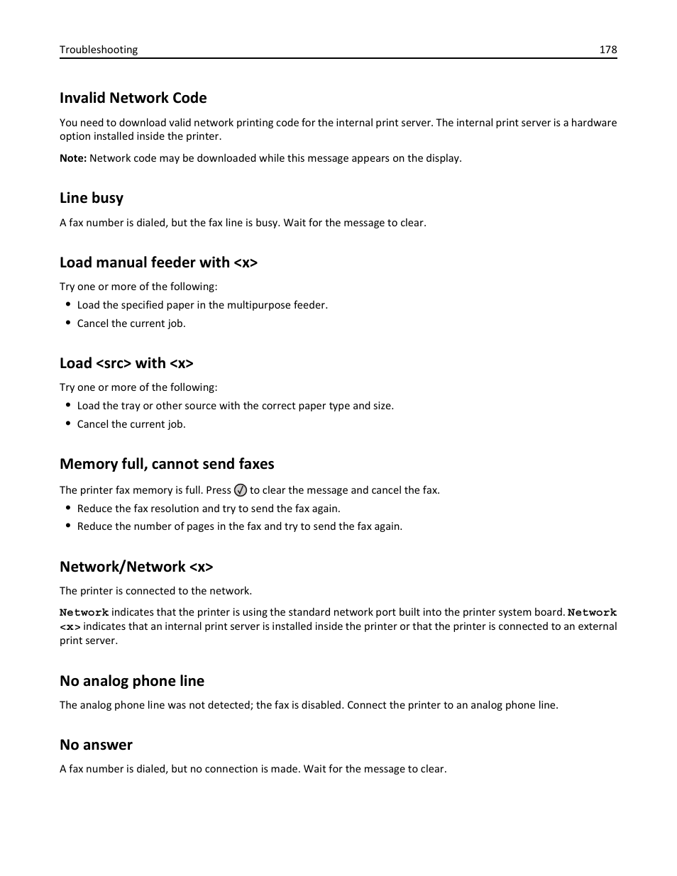 Invalid network code, Line busy, Load manual feeder with <x | Load <src> with <x, Memory full, cannot send faxes, Network/network <x, No analog phone line, No answer | Lexmark 436 User Manual | Page 178 / 235