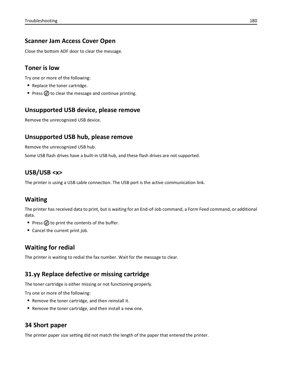 Scanner jam access cover open, Toner is low, Unsupported usb device, please remove | Unsupported usb hub, please remove, Usb/usb <x, Waiting, Waiting for redial, Yy replace defective or missing cartridge, 34 short paper | Lexmark 436 User Manual | Page 180 / 235