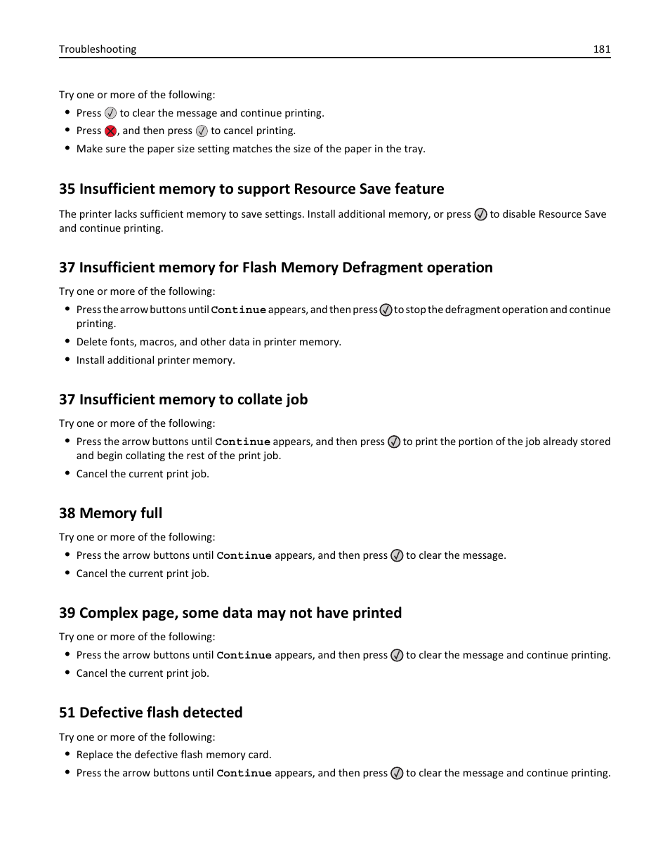 37 insufficient memory to collate job, 38 memory full, 51 defective flash detected | 39 complex page, some data may not have printed | Lexmark 436 User Manual | Page 181 / 235
