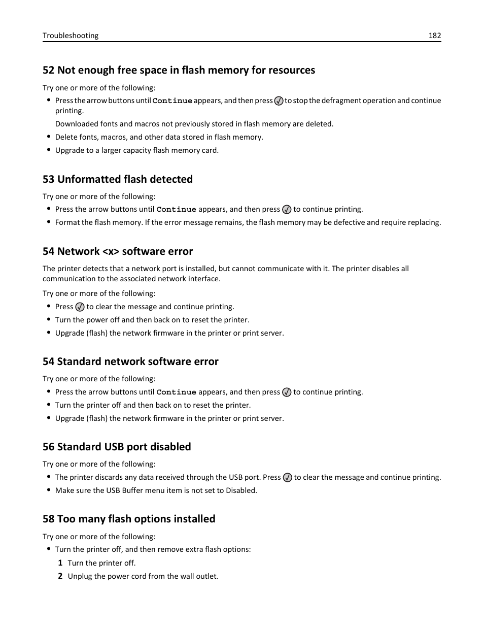53 unformatted flash detected, 54 network <x> software error, 54 standard network software error | 56 standard usb port disabled, 58 too many flash options installed | Lexmark 436 User Manual | Page 182 / 235