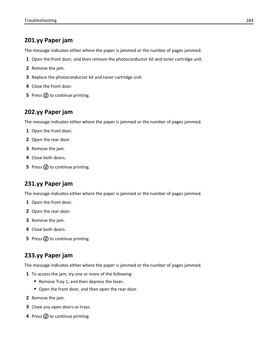 Yy paper jam | Lexmark 436 User Manual | Page 184 / 235