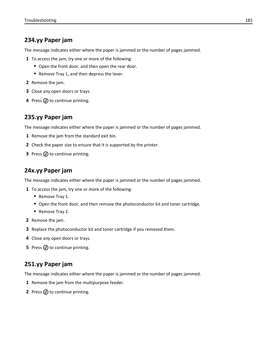 Yy paper jam, 24x.yy paper jam | Lexmark 436 User Manual | Page 185 / 235