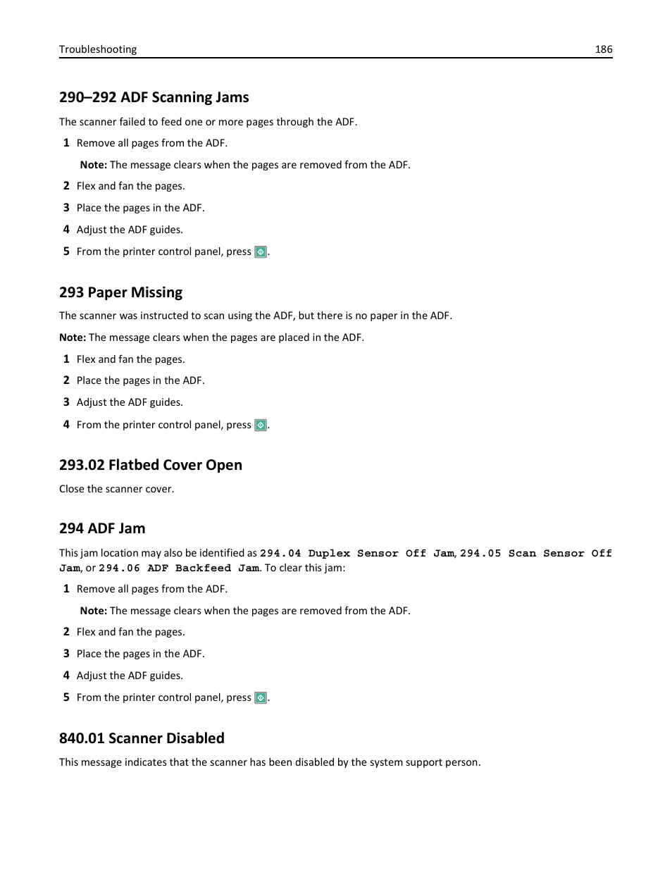 290–292 adf scanning jams, 293 paper missing, 02 flatbed cover open | 294 adf jam, 01 scanner disabled | Lexmark 436 User Manual | Page 186 / 235