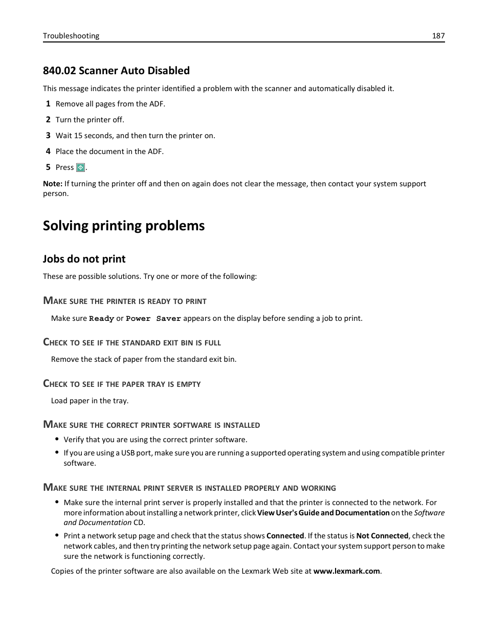 02 scanner auto disabled, Solving printing problems, Jobs do not print | Make sure the printer is ready to print, Check to see if the standard exit bin is full, Check to see if the paper tray is empty | Lexmark 436 User Manual | Page 187 / 235