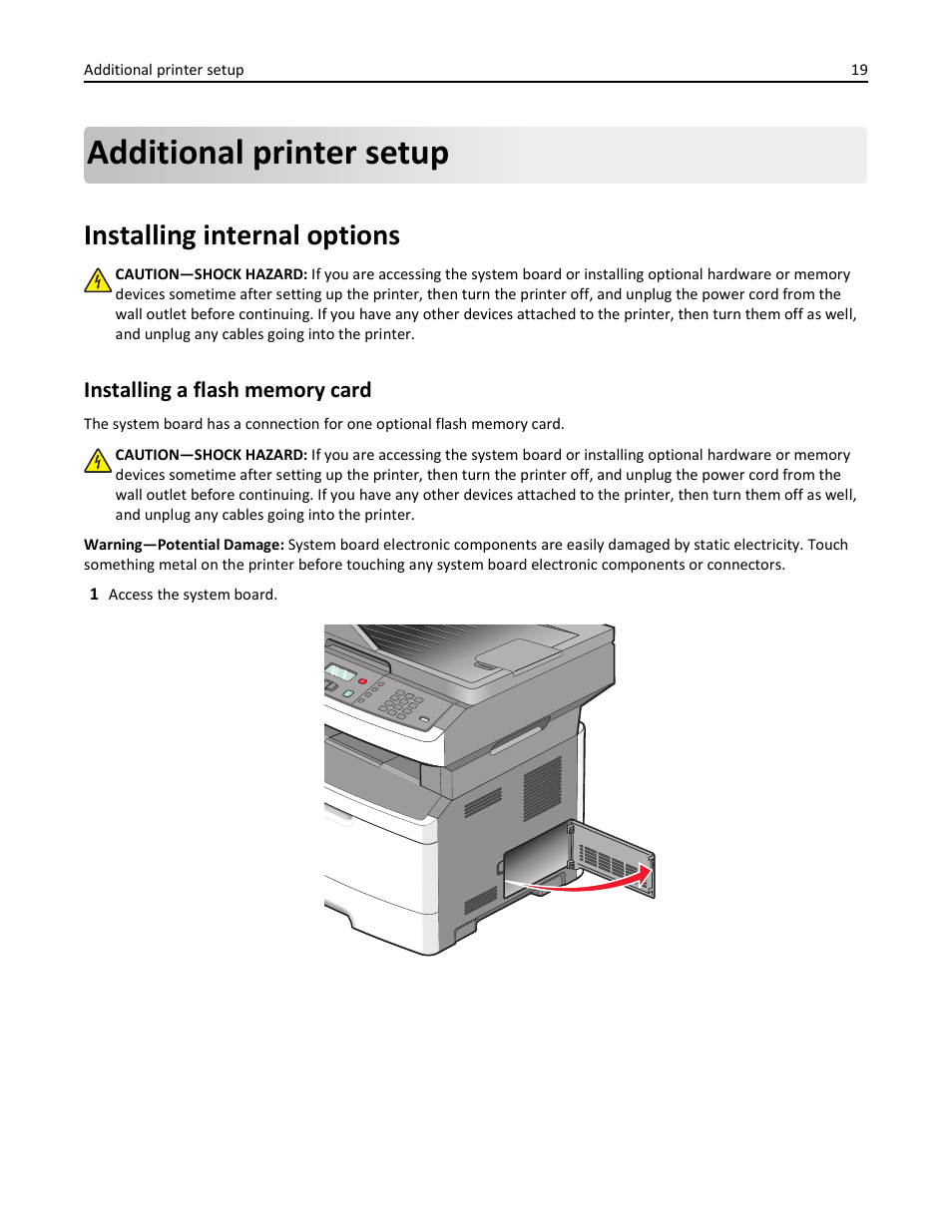 Additional printer setup, Installing internal options, Installing a flash memory card | Lexmark 436 User Manual | Page 19 / 235