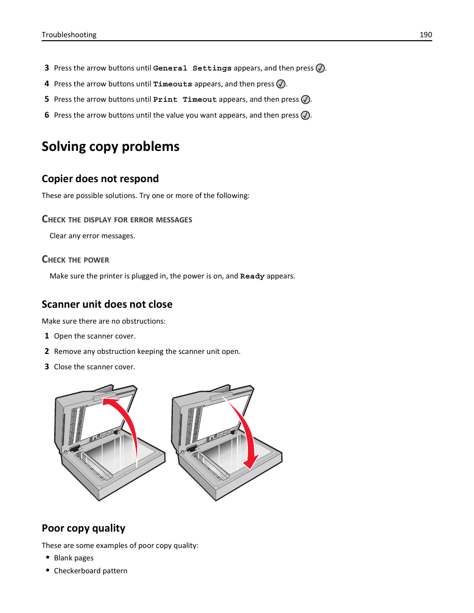 Solving copy problems, Copier does not respond, Check the display for error messages | Check the power, Scanner unit does not close, Poor copy quality | Lexmark 436 User Manual | Page 190 / 235