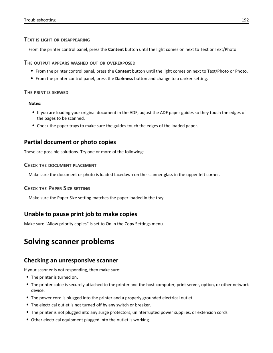 Text is light or disappearing, The output appears washed out or overexposed, The print is skewed | Partial document or photo copies, Check the document placement, Check the paper size setting, Unable to pause print job to make copies, Solving scanner problems, Checking an unresponsive scanner | Lexmark 436 User Manual | Page 192 / 235