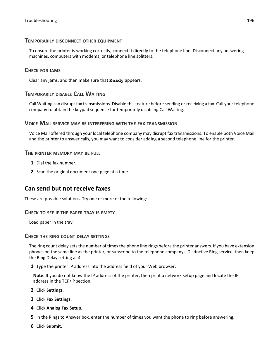 Temporarily disconnect other equipment, Check for jams, Temporarily disable call waiting | The printer memory may be full, Can send but not receive faxes, Check to see if the paper tray is empty, Check the ring count delay settings | Lexmark 436 User Manual | Page 196 / 235