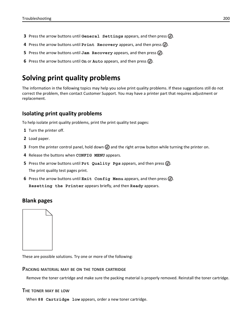 Solving print quality problems, Isolating print quality problems, Packing material may be on the toner cartridge | The toner may be low, Blank pages | Lexmark 436 User Manual | Page 200 / 235