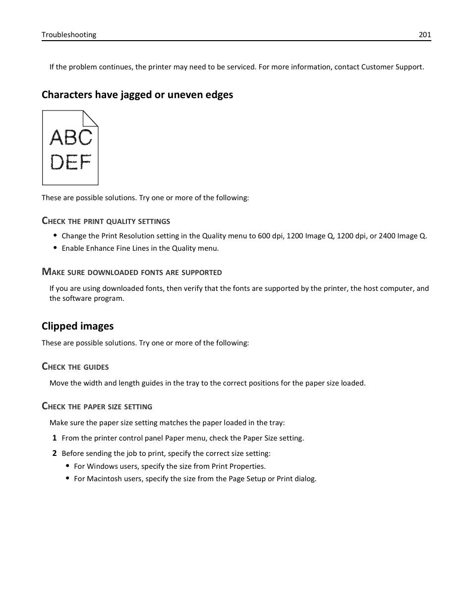 Characters have jagged or uneven edges, Check the print quality settings, Make sure downloaded fonts are supported | Clipped images, Check the guides, Check the paper size setting | Lexmark 436 User Manual | Page 201 / 235