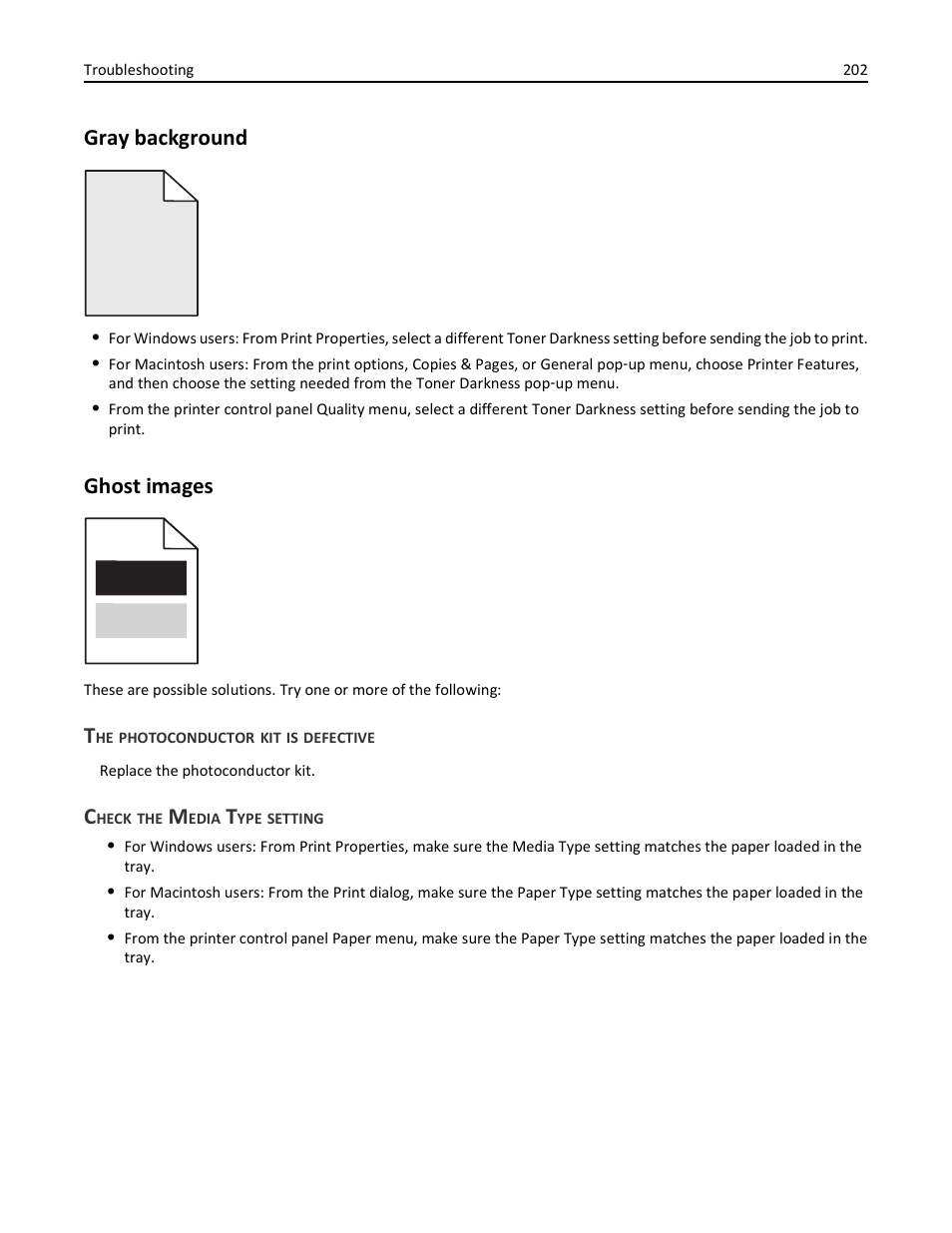 Gray background, Ghost images, The photoconductor kit is defective | Check the media type setting | Lexmark 436 User Manual | Page 202 / 235