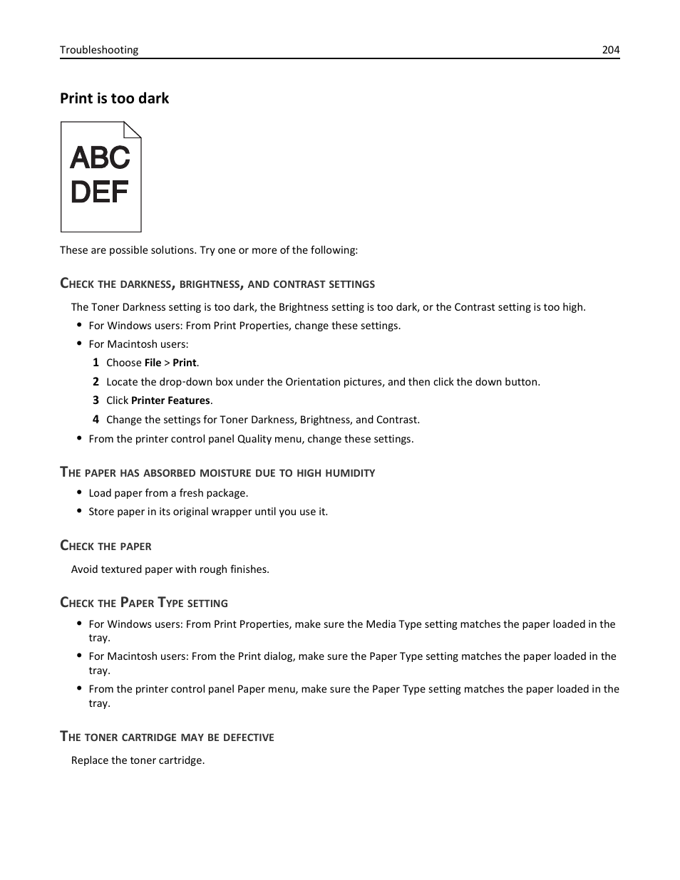 Print is too dark, Check the paper, Check the paper type setting | The toner cartridge may be defective | Lexmark 436 User Manual | Page 204 / 235