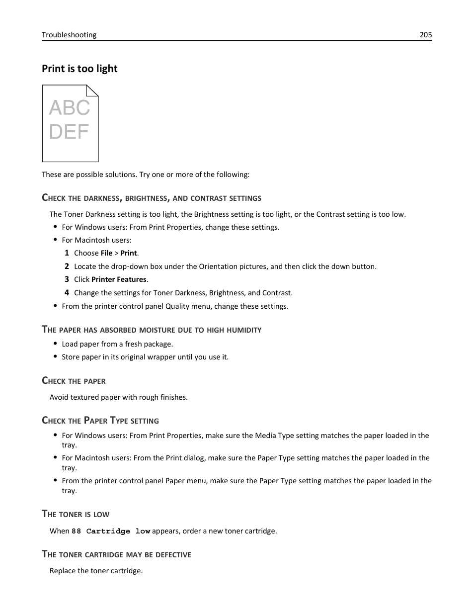 Print is too light, Check the paper, Check the paper type setting | The toner is low, The toner cartridge may be defective | Lexmark 436 User Manual | Page 205 / 235