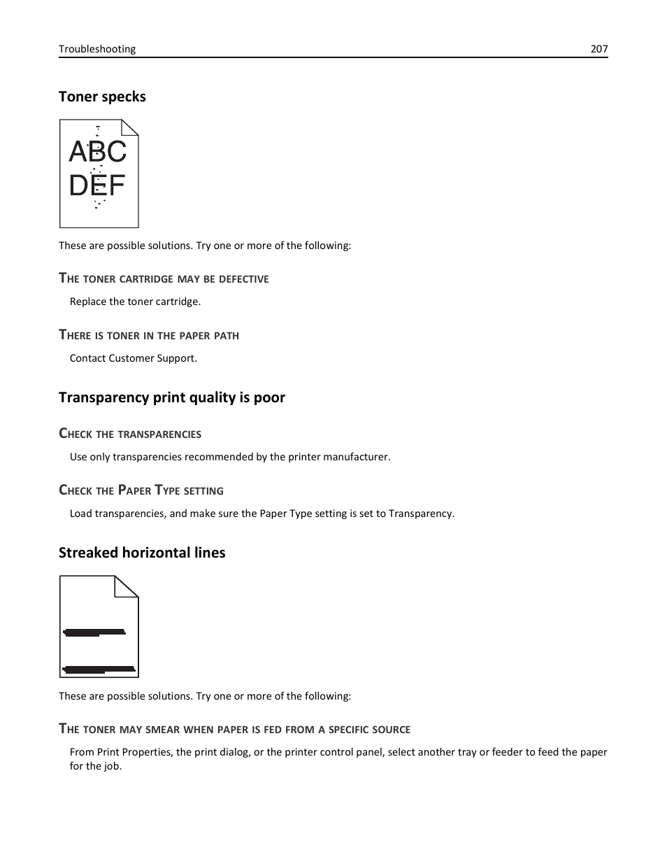 Toner specks, The toner cartridge may be defective, There is toner in the paper path | Transparency print quality is poor, Check the transparencies, Check the paper type setting, Streaked horizontal lines, Transparency print quality is poor c | Lexmark 436 User Manual | Page 207 / 235