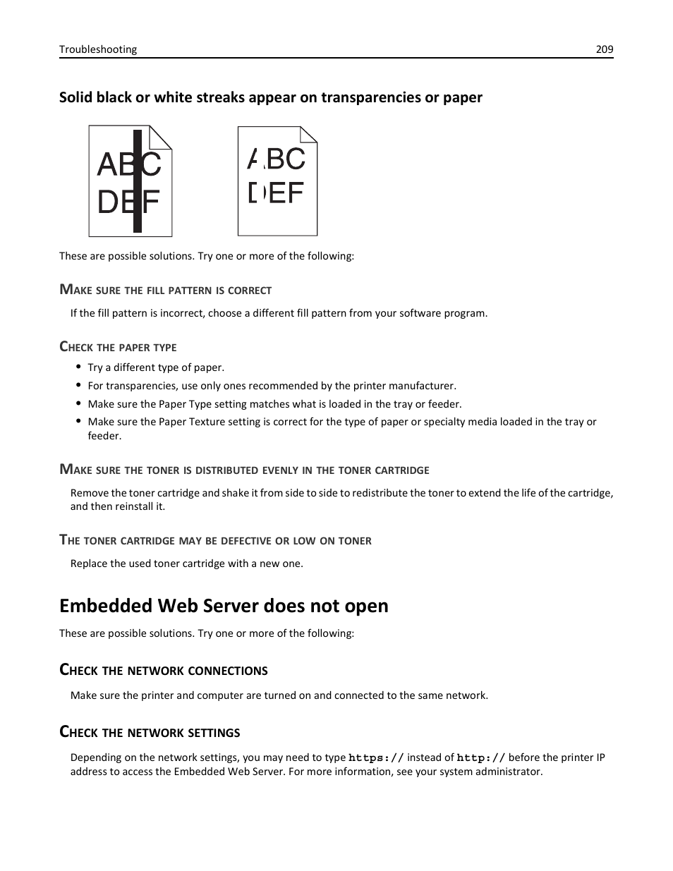 Make sure the fill pattern is correct, Check the paper type, Embedded web server does not open | Check the network connections, Check the network settings | Lexmark 436 User Manual | Page 209 / 235