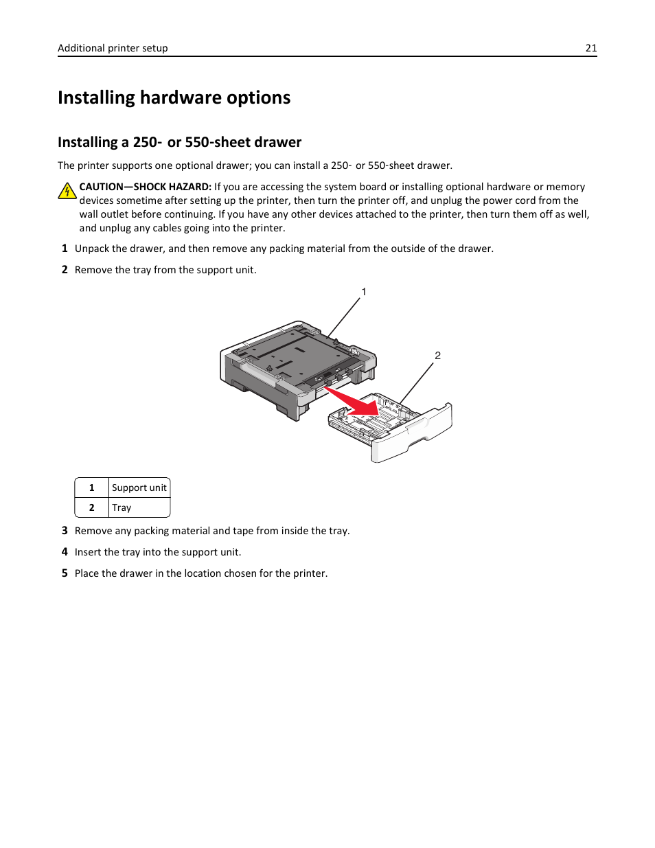 Installing hardware options, Installing a 250- or 550-sheet drawer | Lexmark 436 User Manual | Page 21 / 235