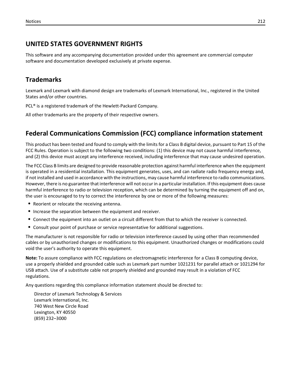 United states government rights, Trademarks | Lexmark 436 User Manual | Page 212 / 235