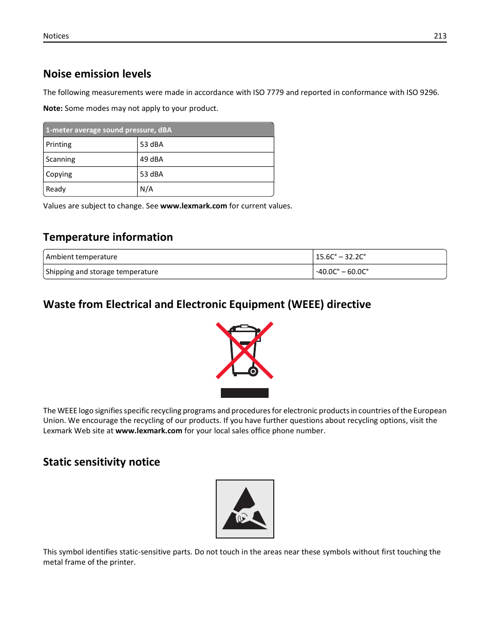 Noise emission levels, Temperature information, Static sensitivity notice | Lexmark 436 User Manual | Page 213 / 235