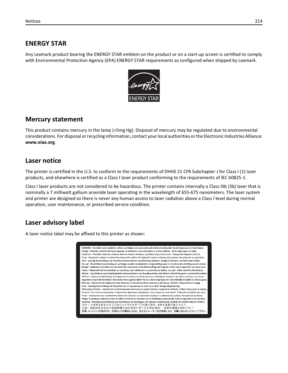 Energy star, Mercury statement, Laser notice | Laser advisory label | Lexmark 436 User Manual | Page 214 / 235