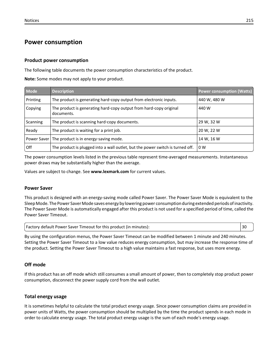 Power consumption, Product power consumption, Power saver | Off mode, Total energy usage | Lexmark 436 User Manual | Page 215 / 235