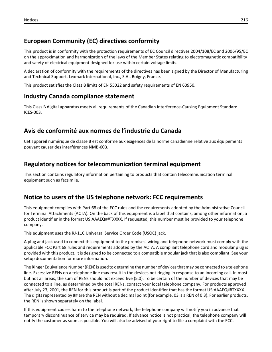 European community (ec) directives conformity, Industry canada compliance statement | Lexmark 436 User Manual | Page 216 / 235