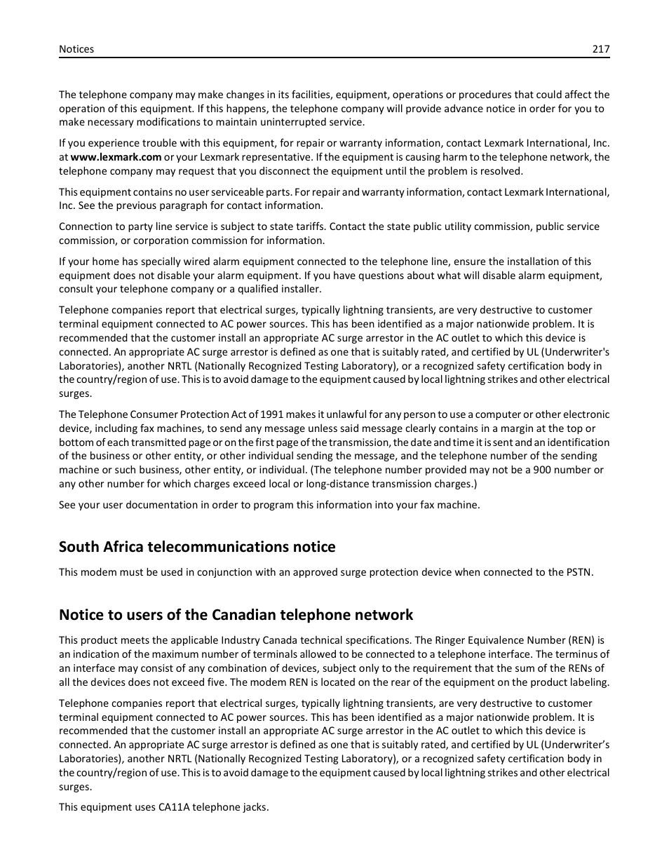 South africa telecommunications notice, Notice to users of the canadian telephone network | Lexmark 436 User Manual | Page 217 / 235