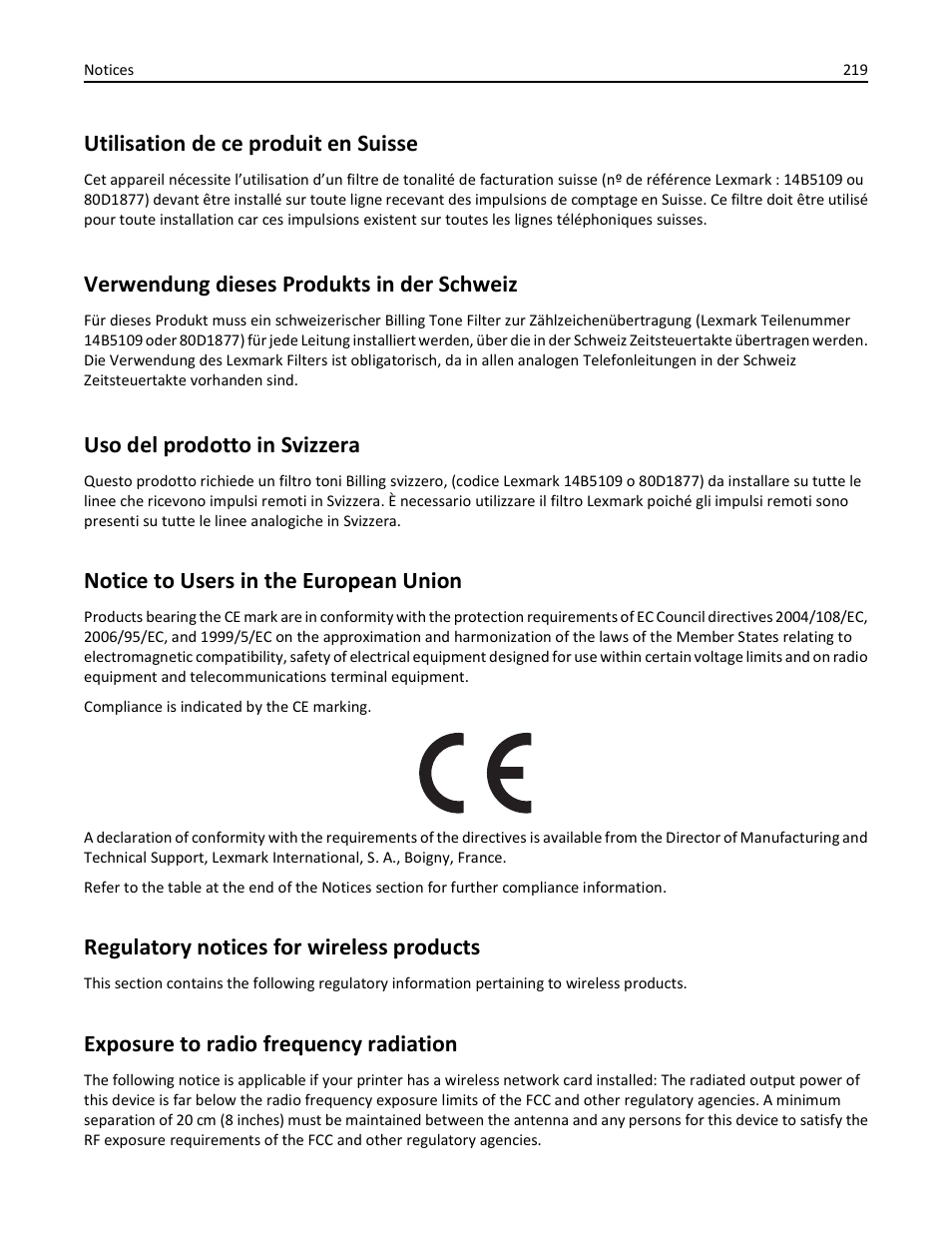 Notice to users in the european union, Regulatory notices for wireless products, Exposure to radio frequency radiation | Utilisation de ce produit en suisse, Verwendung dieses produkts in der schweiz, Uso del prodotto in svizzera | Lexmark 436 User Manual | Page 219 / 235
